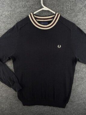 Fred Perry Black Medium Logo Cotton Crew Neck Long Sleeve Pullover Sweater Mens